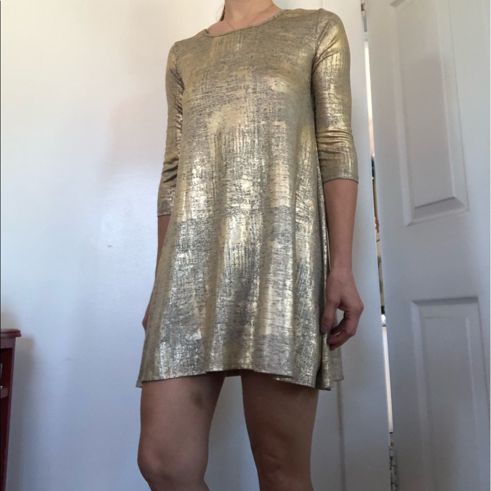 Gold dress. Express. Fits loosely in the waist. 3/4 sleeves